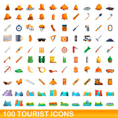 Fototapeta na wymiar 100 tourist icons set. Cartoon illustration of 100 tourist icons vector set isolated on white background