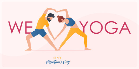 Happy Valentine’s day  banner with couple yoga poses. Year of good health. Landing page design templates for Valentine’s day decoration in partner yoga concept. Vector illustration.