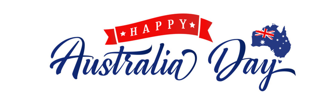 Happy Australia day elegant typography poster. Map of Australia with flag and calligraphy with red ribbon. 26 January, Australian holiday. Vector illustration