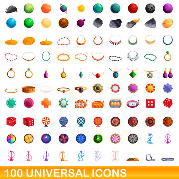 100 universal icons set. Cartoon illustration of 100 universal icons vector set isolated on white background