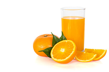 glass of orange juice and oranges isolated on white
