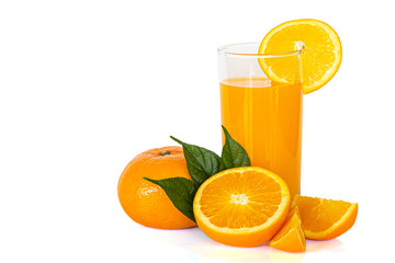 glass of orange juice and oranges isolated on white