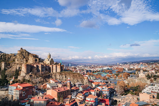 Beautiful panoramic view of historical, old town of Tbilisi and Narikala fortress, Georgia at clear sunny day