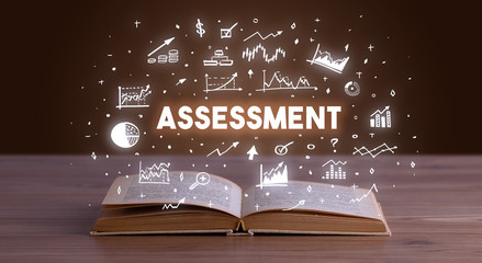 ASSESSMENT inscription coming out from an open book, business concept