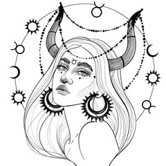 black and white Taurus girl with  horns and precious jewelry  - 313427027