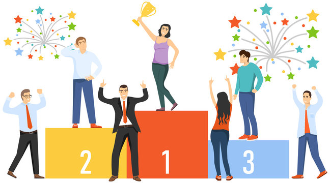 People are winners. A group of people mini characters stand on the podium of glory. Vector, cartoon illustration of a winners concept.