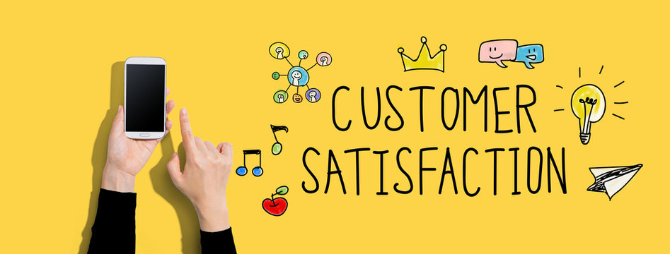 Customer satisfaction with person using a white smartphone