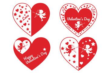 Set of Valentine's Day festive circle badges, stamps or labels with text inscription. Heart shaped. Collection of template for banner, greetings card, poster. Vector EPS10 illustration.