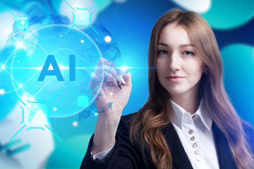 Business, Technology, Internet and network concept. Young businessman working on a virtual screen of the future and sees the inscription: AI
