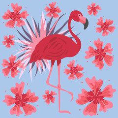 Vector illustration of a cute pink flamingo. Exotic bird on a botanical background. Flat illustration.