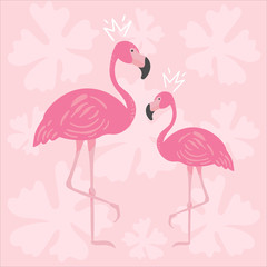 Vector illustration of a cute pink flamingo. Exotic bird on a botanical background. Flat illustration.