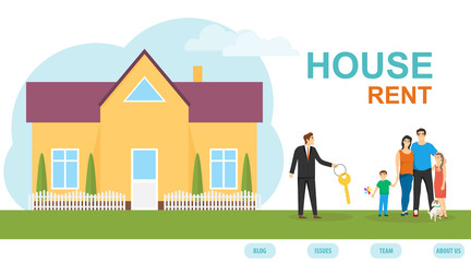 Obraz na płótnie Canvas Rental housing. An insurance agent is handing a house key to a young family. Buying a home. Moving to a new home. Vector, cartoon illustration of a deal concept.
