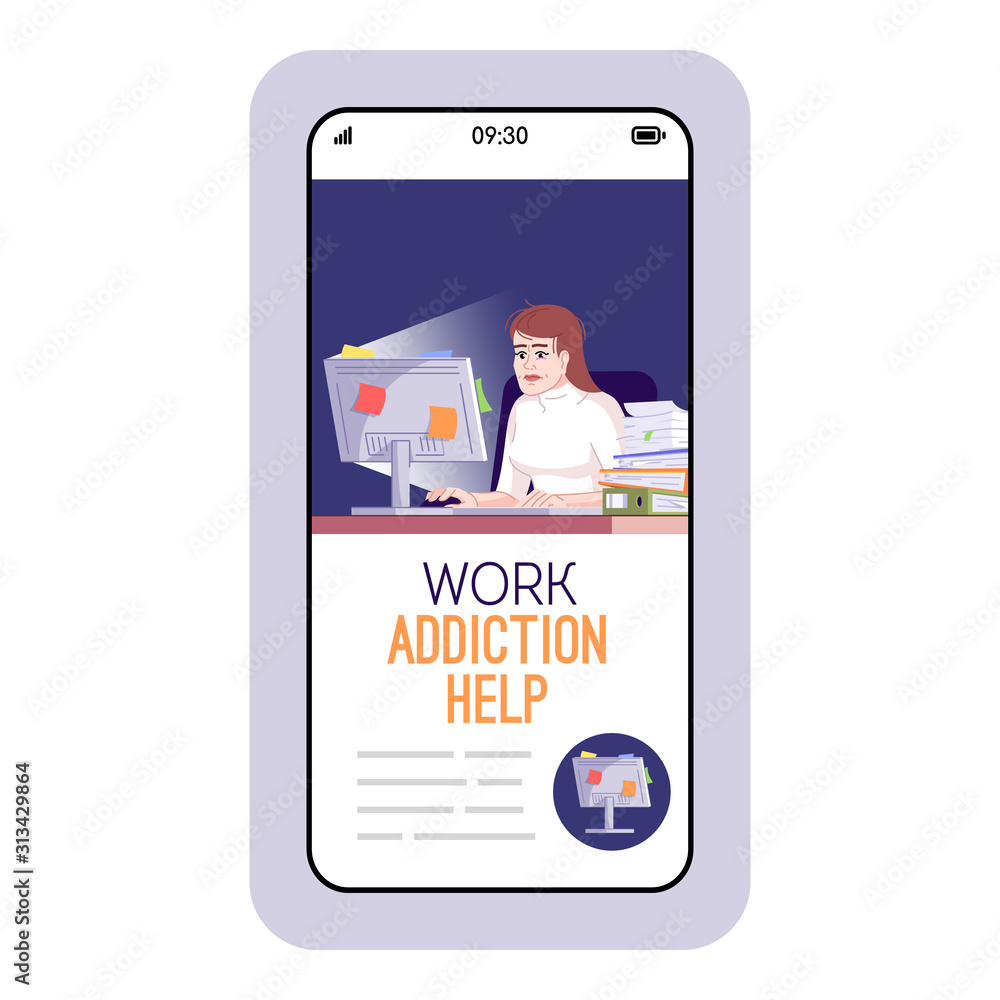 Poster work addiction help cartoon smartphone vector app screen. mobile phone displays with flat character 