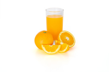 glass of juice and orange isolated on white