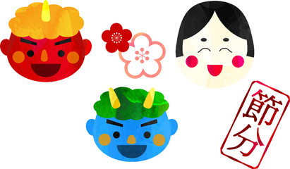 節分_青鬼_赤鬼_鬼_豆まき_福豆_厄除け_おたふく_お面_セット_升_炒り豆_イラスト_ベクター