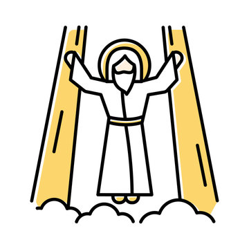 recommend clip art: Ascension of Jesus Christ color icon. Messiah, the son of god raising on cloud in divine light. Savior in heaven in glory. Bible easter story. New Testament. Isolated vector illustration