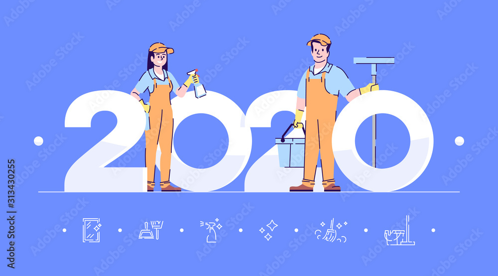 Wall mural professions 2020 flat banner vector template. cleaners isolated cartoon characters on blue. window w