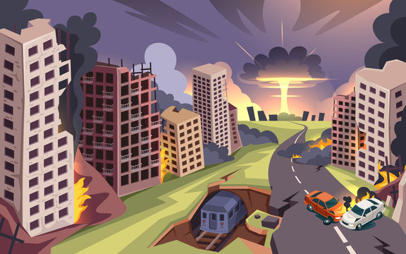 Ruined city from nuclear bomb explosion, war destroyed buildings and burning cars, vector cartoon background. Damaged street with road crack, empty ruined houses from bombing attack