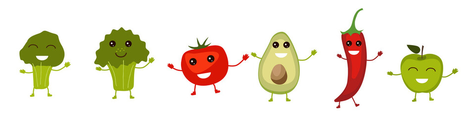 Eine Reihe lustiger Obst- und Gemüsefiguren, die mit Armen und Beinen einzeln auf weißem Hintergrund lächeln. Brokkoli, Tomate, Aquacado, Paprika, Apfel. Vektor-Illustration in einem flachen Stil. © Nataliya