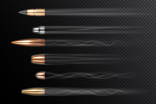 Flying bullets with shot fire smoke tails, vector realistic isolated on transparent background. Bullet shoot in motion, different caliber types with shooting smoke trails, firearm and gun weapon