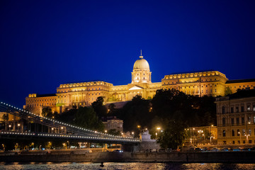 Budapest Hungary Basilica Building and Chain Bridge at Night