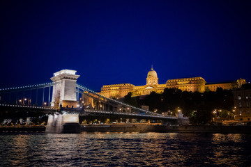 Fototapeta na wymiar Budapest Hungary Basilica Building and Chain Bridge at Night