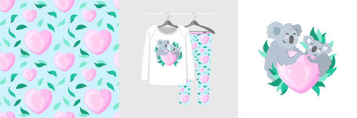 Seamless pattern and illustration for kid with heart, mother koala and baby.