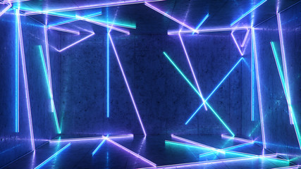 Abstract interior with blue and pink neon light. Fluorescent lamp. Futuristic architecture background. 3d illustration neon lamps, illuminate interior space. Mock-up for your design project