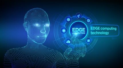 Edge computing modern IT technology on virtual screen concept. Edge computing industry 4.0 concept. Internet of things. Wireframed cyborg hand touching digital interface. Vector illustration.