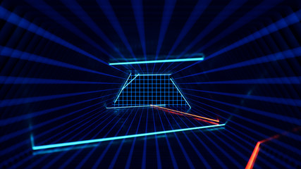 Abstract blue and red interior with neon light. Fluorescent lamp. Futuristic architecture background. 3d illustration of neon lamps that illuminate interior space. Mock-up for your design project