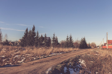 Winter landscape. Winter forest, rural road, ecology, zero waste, slow life