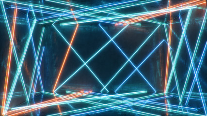 Abstract blue and red interior with neon light. Fluorescent lamp. Futuristic architecture background. 3d illustration of neon lamps that illuminate interior space. Mock-up for your design project