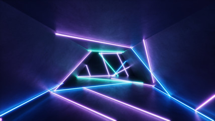 Abstract interior with blue and pink neon light. Fluorescent lamp. Futuristic architecture background. 3d illustration neon lamps, illuminate interior space. Mock-up for your design project