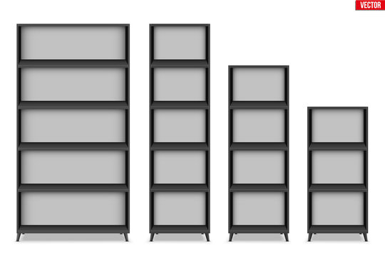 Set of Empty rack with shelves or bookshelf stand. Black color. Sample Furniture Home and Workplace Interior element. Vector Illustration isolated on white background