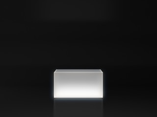 White pedestal with white light glow on dark background, blank product stand. 3D rendering.