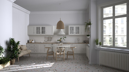 Retro white vintage kitchen with terrazzo marble floor and panoramic windows, dining room, round table with wooden chairs, potted plants, radiators, pendant lamp, cozy interior design