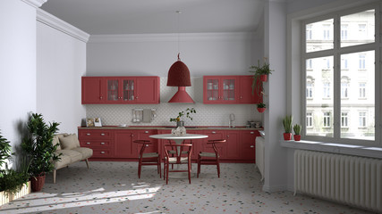 Retro white and red vintage kitchen with terrazzo marble floor, panoramic windows, dining room, round table with wooden chairs, potted plants, radiator, pendant lamp, interior design