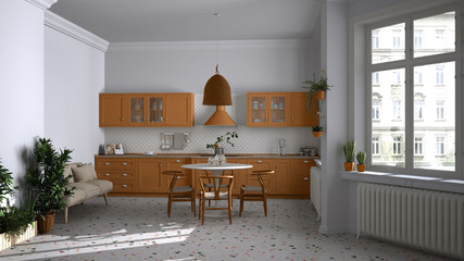 Retro white and orange vintage kitchen with terrazzo marble floor, panoramic windows, dining room, round table with wooden chairs, potted plants, radiator, lamp, interior design