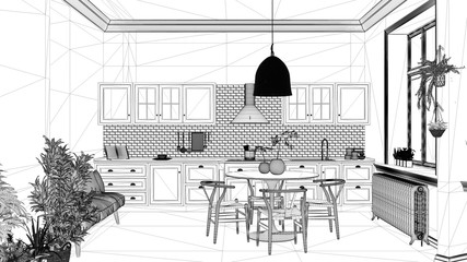 Blueprint project draft, retro vintage kitchen with marble floor and windows, dining room, round table with wooden chairs, potted plants, radiators, pendant lamp, cozy interior design