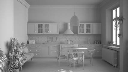 Total white project draft, retro vintage kitchen with marble floor and windows, dining room, table with wooden chairs, potted plants, radiators, pendant lamp, cozy interior design