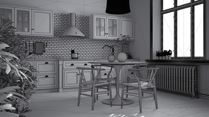 Unfinished project draft, retro vintage kitchen with marble floor and windows, dining room, table with wooden chairs, potted plants, radiators, pendant lamp, cozy interior design