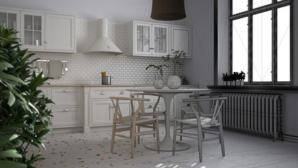 Architect interior designer concept: unfinished project that becomes real, retro vintage kitchen with marble floor, dining room, table with chairs, potted plants, interior design