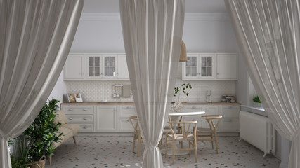 White openings curtains overlay kitchen with table, interior design background, front view, clipping path, vertical folds, soft tulle textile texture, stage concept with copy space