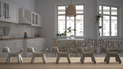 Wooden table top or shelf with line of stylized dogs, dog friendly concept, love for animals, animal dog proof home, classic white kitchen with dining table, cool interior design