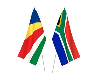 National fabric flags of Republic of South Africa and Seychelles isolated on white background. 3d rendering illustration.
