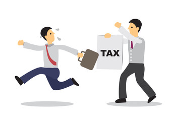 Businessman running away from person with a tax paying paper. Business concept of escape or debt.