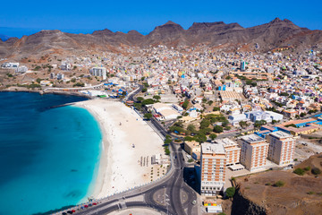Aerial view of Laginha beach in Mindelo city in Sao Vicente Island in Cape Verde