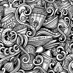 Obraz premium Russian food hand drawn doodles seamless pattern.