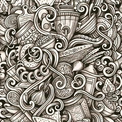 Russian food hand drawn doodles seamless pattern.