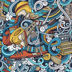 Winter sports hand drawn doodles seamless pattern. Ski resort background.